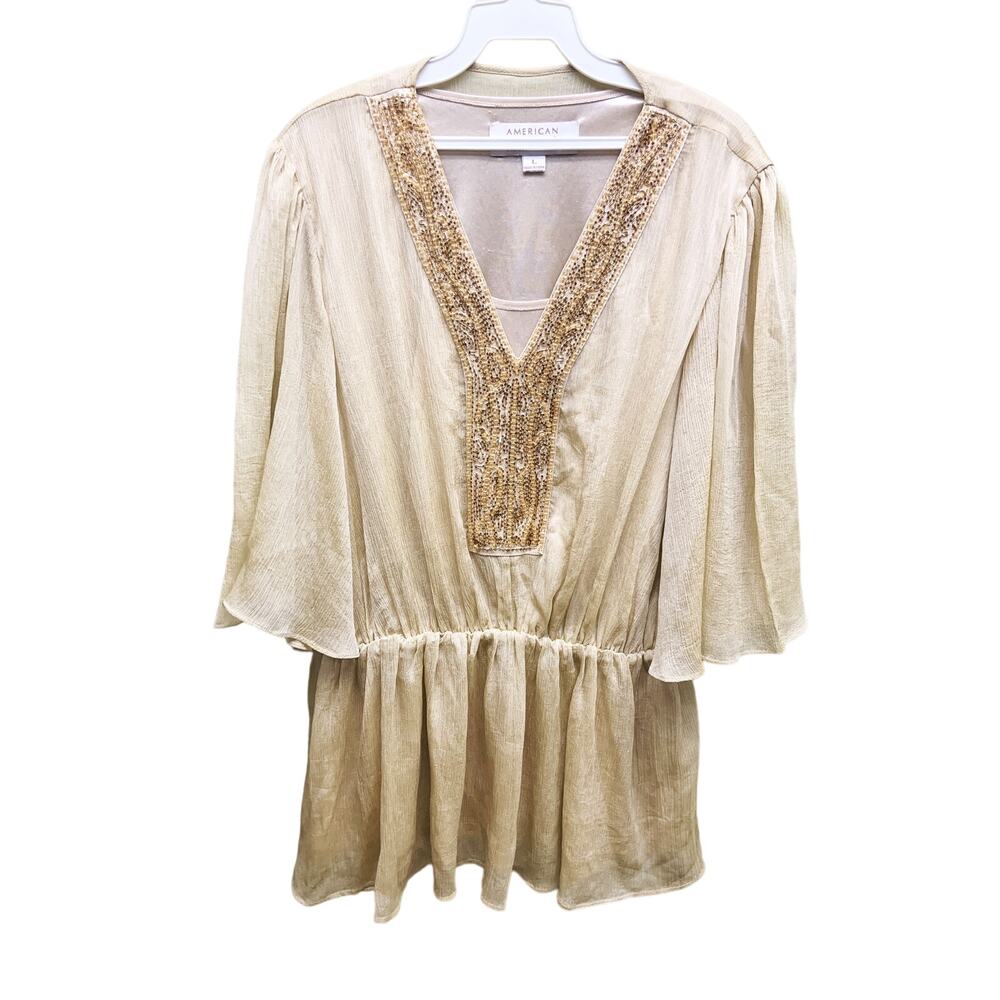 American Glamour Badgley Mischka Gold Flutter Boho Sleeve Blouse Size L